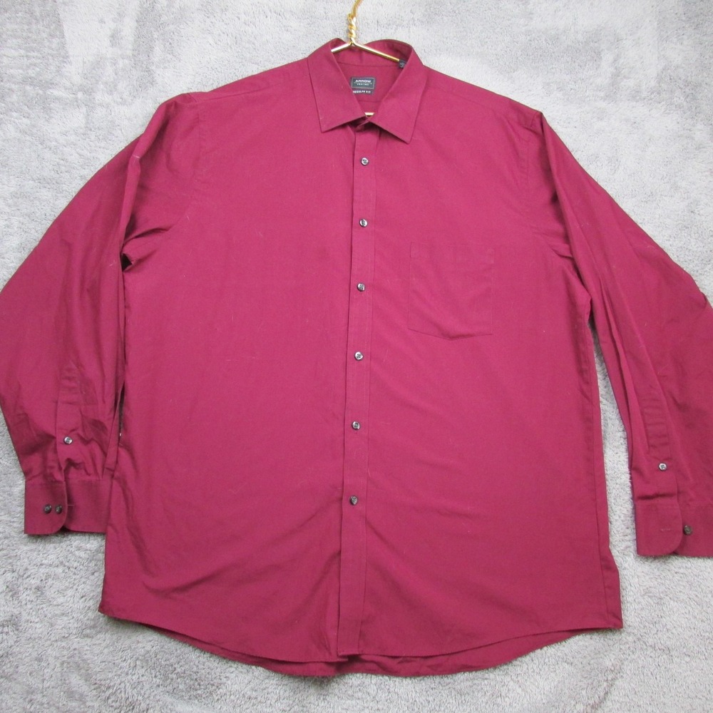Arrow Dress Shirt Mens 17-17.5 34/35 Red Regular Fit Button Front Long Sleeve